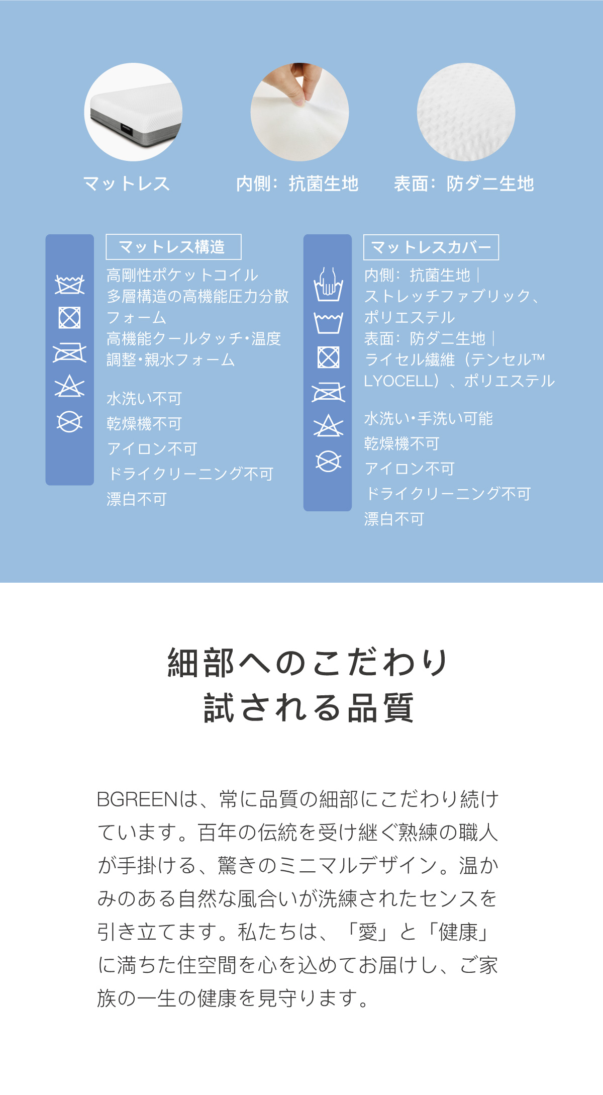 マットレスの素材詳細と洗濯表示マーク。内側の抗菌生地、表面の防ダニ生地、本体構造（洗濯不可）とカバー（洗濯可能）の取り扱い説明。「細部へのこだわり」と品質保証についての解説。
